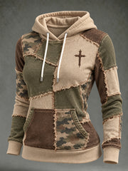 Women's Vintage Camouflage Element Block Patchwork Design Print Casual Hoodie