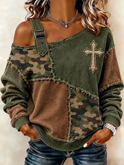 Women's Vintage Camouflage Element Block Patchwork Design Print Casual Off-Shoulder Sweatshirt