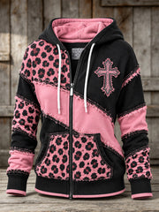 Women's Vintage Leopard Print Element Block Patchwork Design Print Casual Zip-Up Hoodie