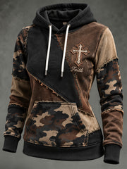 Women's Faith-Themed Color Block Patchwork Design Casual Hoodie