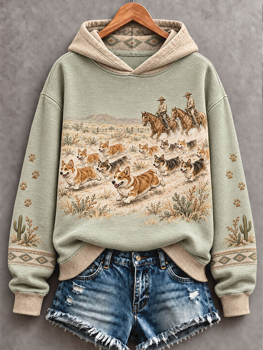 Women's Retro Western Style Dogs Lover Art Printed Hoodie