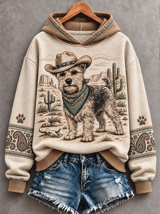 Women's Retro Western Style Dogs Lover Art Printed Hoodie