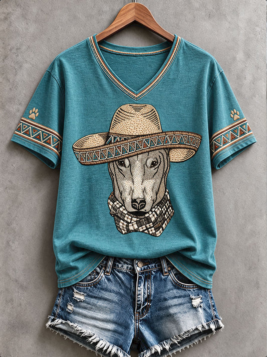 Women's Retro Western Style Dogs Lover Art Printed T-shirt