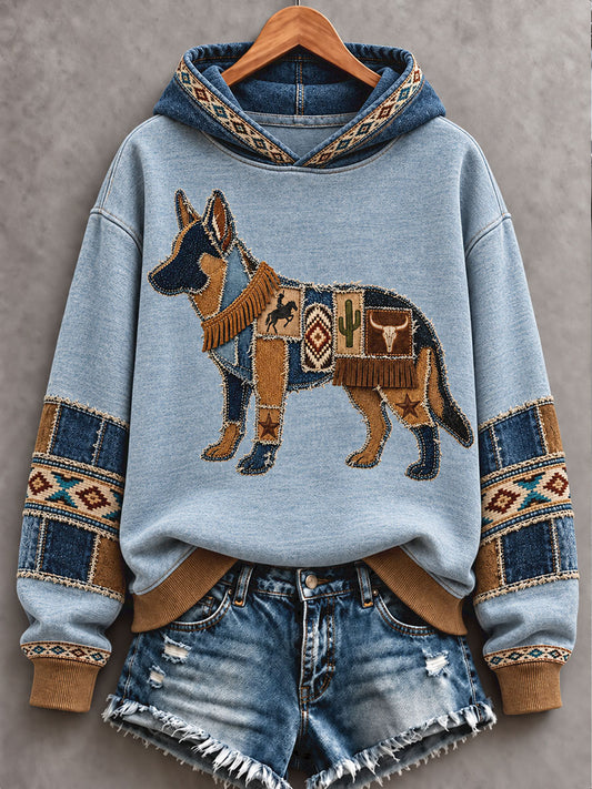 Women's Retro Western Style Dogs Lover Art Printed Hoodie