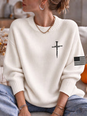 Women's Christian Cross Crew Neck Long Sleeve Sweater