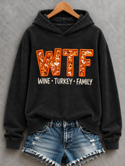 Women's Funny Thanksgiving WTF Wine Turkey Family Print Casual Hoodie