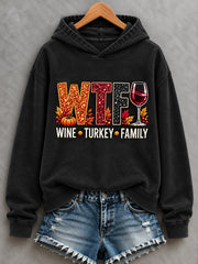 Women's Funny Thanksgiving WTF Wine Turkey Family Print Casual Hoodie