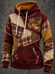 Women's Vintage Thanksgiving Plaid Patchwork Print Cozy Hoodie