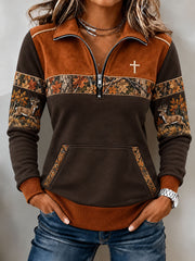 Women's Vintage Western Art Printed Zipper Sweater