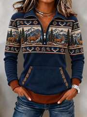 Women's Vintage Western Art Printed Zipper Sweater