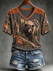 Women's Vintage Hunting Camo Print V-neck T-shirt