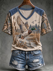 Women's Vintage Hunting Camo Print V-neck T-shirt