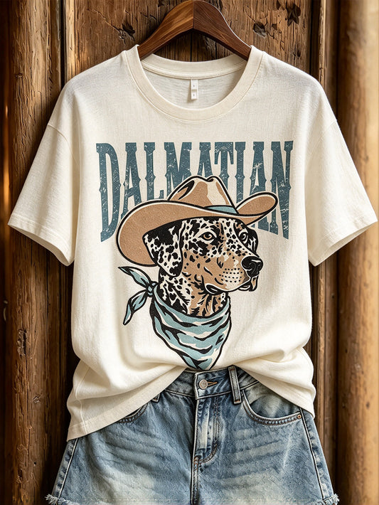 Women's Western-style spotted dog pattern printed casual short-sleeve T-shirt