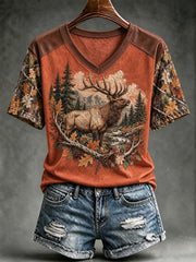 Women's Vintage Hunting Camo Print V-neck T-shirt