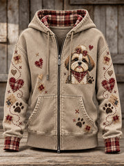 Women's Cute Patchwork Dog Print Zip-Up Hoodie