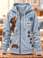 Women's Vintage Dog Art Print Zip-Up Hoodie