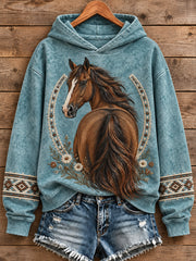 Women's Western Style Vintage Horses Lover Art Printed Hoodie