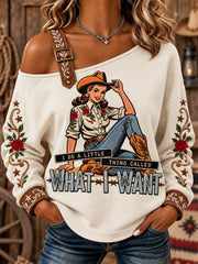 Women's I Do A Thing Called What I Want Print Casual Off-Shoulder Sweatshirt