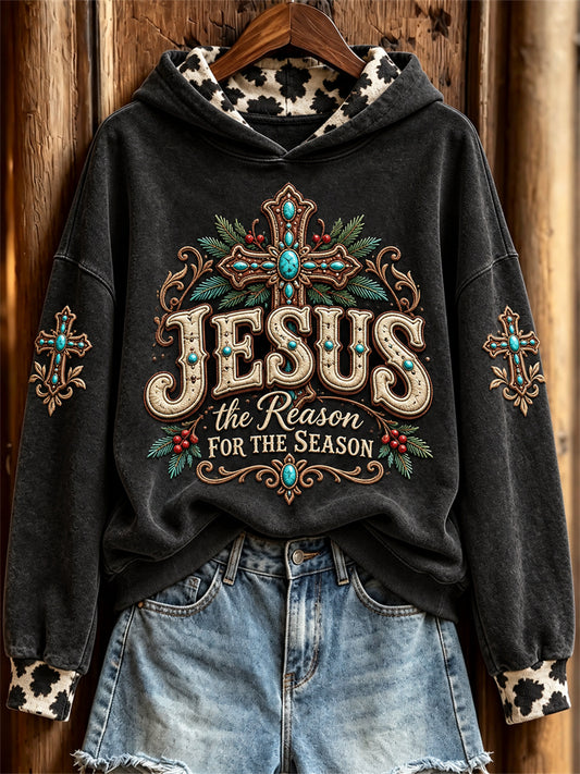 Women's Jesus the Reason for the Season Christmas Western Cross Print Hoodie