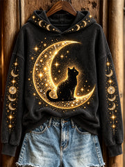 Women's Glitter Cat & Moon Moon Phase Celestial Art Print Hoodie