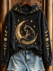 Women's Glitter Cat & Moon Moon Phase Celestial Art Print Hoodie