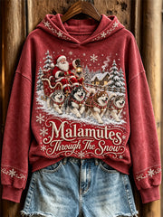 Women's Malamutes Through The Snow Christmas Santa Claus & Dogs Print Hoodie
