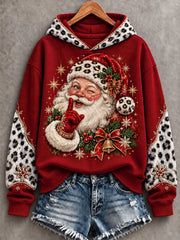 Women's Christmas Santa Claus Leopard Print Casual Hoodie