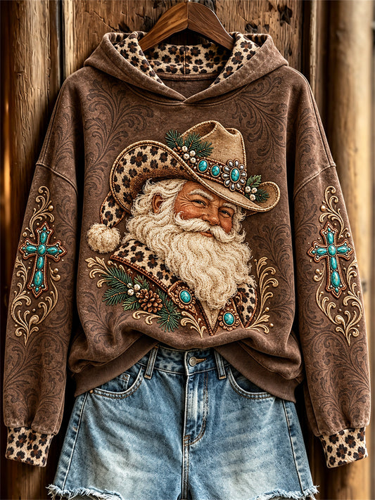 Women's Vintage Christmas Western Santa Claus & Cross Print Hoodie