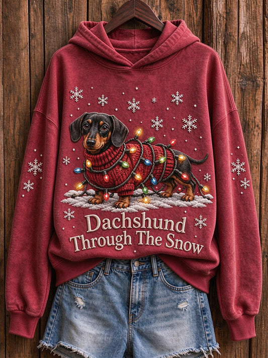Women's Christmas Dachshund Through The Snow Print Hoodie