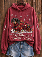 Women's Christmas Dachshund Through The Snow Print Hoodie