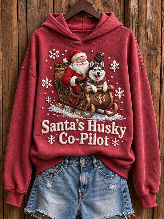 Women's Christmas Santa's Husky Co-Pilot Print Cozy Hoodie