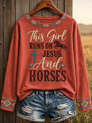 Women's Vintage Western Syle Faith&Horses Lover Printed T-shirt