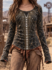 Women's Vintage Western Round-Neck Long-Sleeve T-Shirt