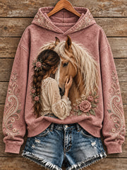 Women's Vintage Western Syle Horses Lover Printed Hoodie