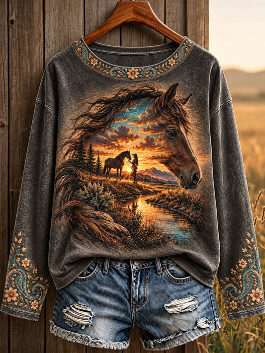 Women's Vintage Western Syle Horses Lover Printed T-shirt