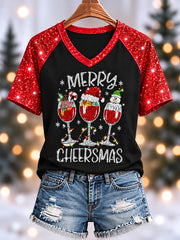 Women's Funny Christmas Merry Cheersmas Red Wine Glas Print Casual V-Neck Tee