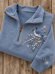 Women's Snowy Winter Blue Jay On Branch Print Zip Up Sweatshirt
