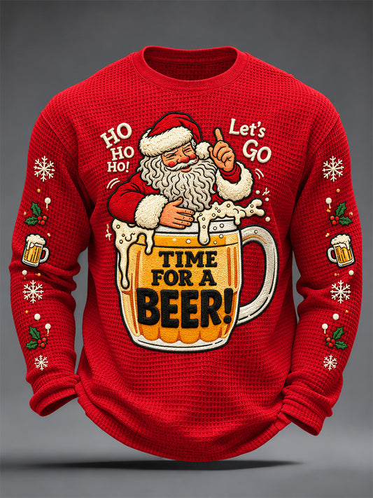 Men's Christmas Santa Claus Drink Beer Print Casual Waffle Long Sleeve T-Shirt