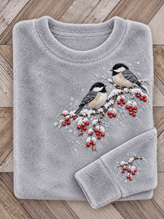 Women's Snowy Winter Black-capped Chickadee On Branch Print Flannel Sweatshirt