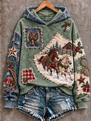 Women's Vintage Western Patchwork Christmas Horse Art Hoodie