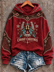 Women's Western Cowboy Christmas Horseshoe & Turquoise Feathers  Hoodie