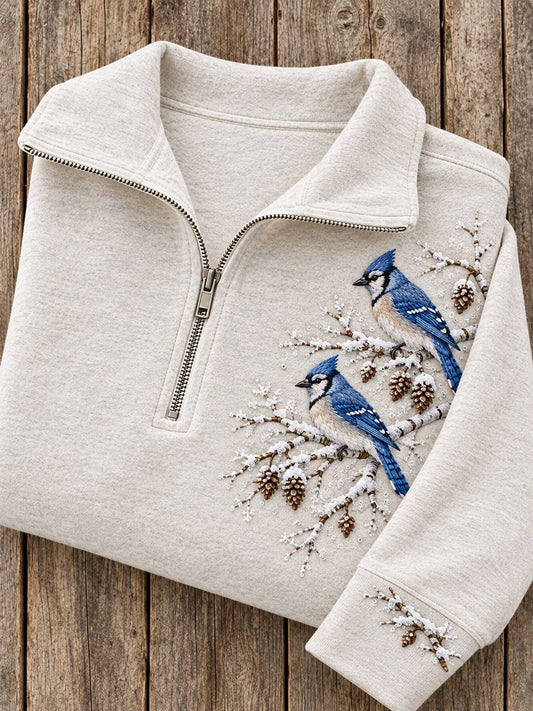 Women's Snowy Winter Blue Jay On Branch Print Zip Up Sweatshirt