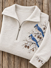Women's Snowy Winter Blue Jay On Branch Print Zip Up Sweatshirt