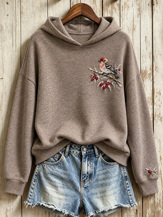 Women's Snowy Winter Common Redpoll On Branch Print Hoodie