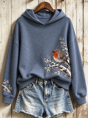Women's Snowy Winter European Robin On Branch Print Hoodie