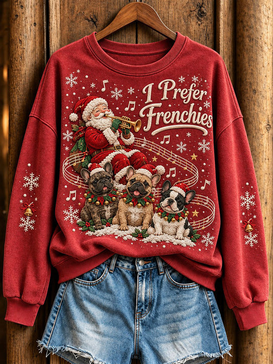 Women's Christmas Music-Themed Frenchies and Santa Claus Pattern Casual Sweatshirt