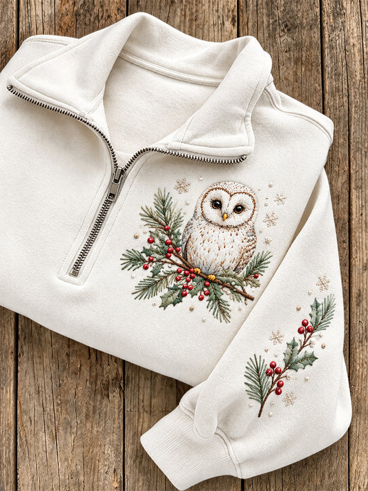 Women's Winter Barn Owl Pattern Casual Half-Zip Sweatshirt