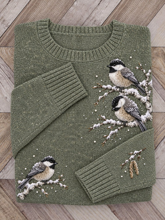 Women's Snowy Winter Black-capped Chickadee Birds on Branches Print crew neck sweater