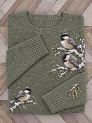 Women's Snowy Winter Black-capped Chickadee Birds on Branches Print crew neck sweater