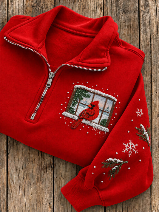 Women's Winter Cardinal Pattern Casual Half-Zip Sweatshirt